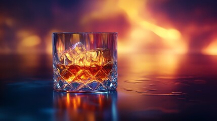 Amber Essence: A low-angle, striking shot of a luxurious, glass tumbler glistening with amber-hued whiskey and ice cubes, set against an atmospheric, multi-colored backdrop.