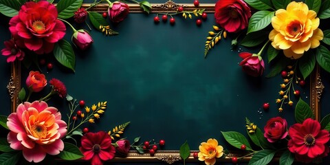 Ornate Frame Encircled by Vibrant Autumnal Blooms on a Deep Teal Background