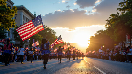 A vibrant street parade independence day of united state with people in red, white, and blue costumes, waving flags and marching bands, set in a bustling city.