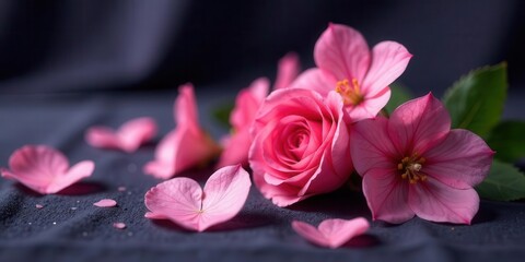 A delicate arrangement of pink rose and other blossoms, scattered petals on dark fabric background