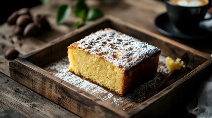 A square slice of cake with powdered sugar on a wooden tray with coffee and nuts in the background