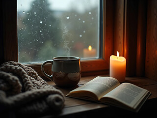 Rainy day window view with a warm drink - A ceramic mug with steam on a windowsill, raindrops on glass, blurred cityscape outside, moody natural light, warm blanket in frame