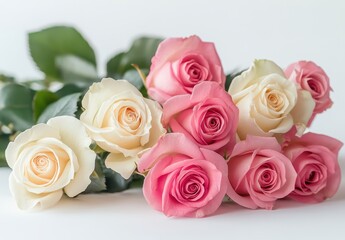 Fototapeta premium Beautiful arrangement of elegant pink and cream roses on a soft background showcasing delicate petals and fresh greenery for floral decor and inspiration