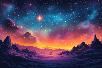Alien planet sunrise, starry sky, mountains, fantasy
