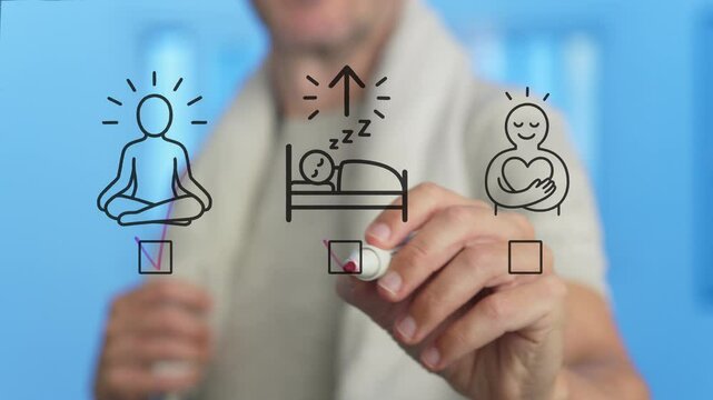 Wellness coach checking meditation, sleep and self love checkboxes on a transparent board, choosing the right habits for a healthy lifestyle