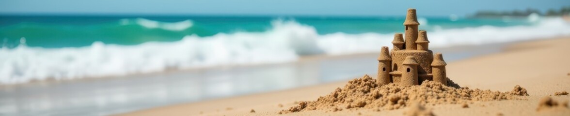 Miniature sandcastle, ocean waves crashing nearby, picturesque, toy