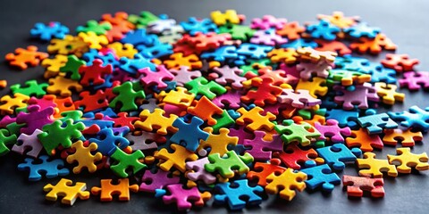 Colorful puzzle pieces scattered on a black surface creating a vibrant and playful composition, abstract art, colorful arrangement