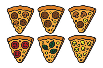 A delicious vector illustration showing six different pizza slices, each topped uniquely to represent various global flavors in colorful design.

