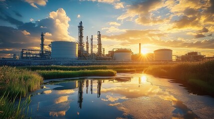 Naklejka premium Aerial view of an industrial plant with chimneys and storage tanks reflected in a water ditch at sunset.