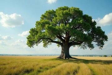 Fototapeta premium Ancient oak, weathered trunk, vast open field, sun, old oak tree, isolated
