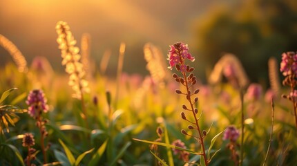 Fototapeta premium A fine art photograph depicting japanese ecology at golden hour. warm, soft light with vibrant complementary colors, balanced tones, and a graceful, elegant style