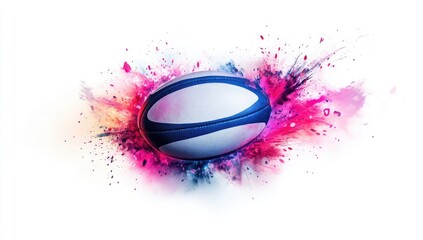Rugby ball erupting in vibrant color explosion.  A rugby ball is centered amidst a colorful burst of paint splatter, a dynamic image of energy and excitement