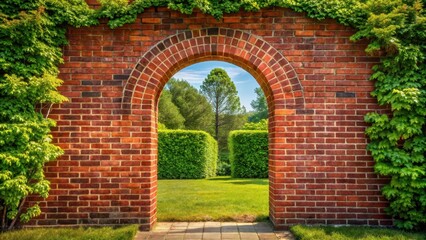 Red brick wall with archway or gateway, set against a sunny day with greenery in the background, gateway