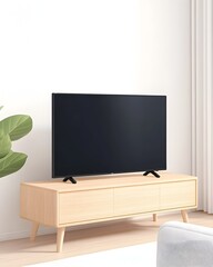 A modern flat-screen TV sits atop a light wood entertainment stand with two drawers