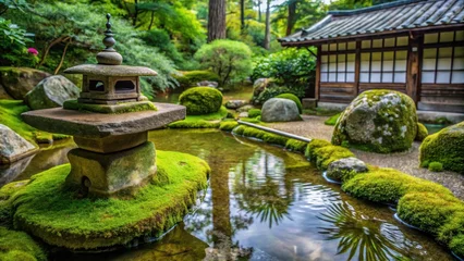 Poster de jardin  serene, natural stone, moss covered, water feature, Japanese dry garden, Zen temple surroundings  © Kitiphong