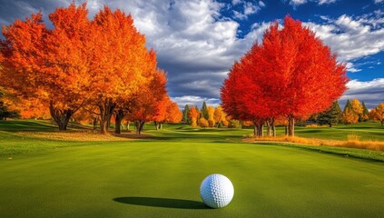 Autumn golf course with vibrant fall foliage.  A pristine fairway with colorful trees and a golf ball positioned in the center