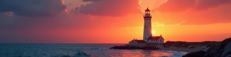 Majestic lighthouse stands tall, bathed in warm sunset hues, structure, image