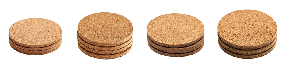A stack of round cork coasters on a table. long_title:A stack of several round, natural cork coasters arranged on a table surface, providing a rustic