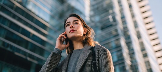 Fototapeta premium A young businesswoman is talking on the phone while standing against an office building background with copy space, a business concept banner.