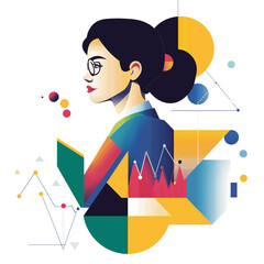 Modern flat vector illustration of female finance analyst, bold vibrant colors, geometric shapes, clean lines, transparent background.