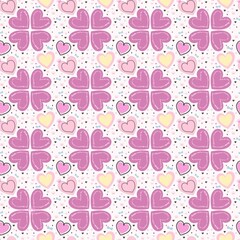Seamless Hand-Drawn Cute Clover and Heart Pattern in Pastel Pink