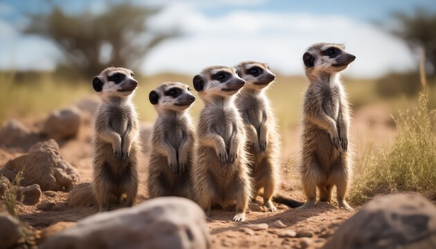 A group of five meerkats stands upright on a sandy surface, scanning their surroundings in the African savanna. The clear blue sky creates a bright backdrop for these curious animals