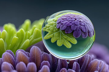 Soft purple flower and green leaf reflected clear water droplet with dreamlike ecosystem effect