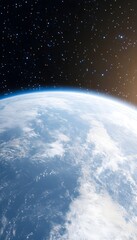Naklejka premium Earth's curve seen from space, sunlight illuminating clouds and atmosphere against a starry backdrop