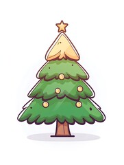 Festive cartoon Christmas tree with gold star and ornaments