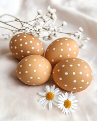 Obraz premium Four brown polka-dotted eggs nestled amongst white flowers on a light fabric