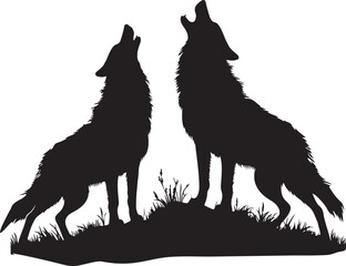 Silhouette of Two Wolves Howling at the Sky in a Wilderness Environment