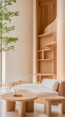 Minimalist interior with light wood shelving, seating, and a low table, complemented by a small potted plant