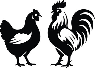 Simple black and white silhouettes of a hen and rooster, Minimalist Hen and Rooster Silhouettes