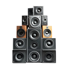 Fototapeta premium Stack of speakers in different colors and sizes, creating a visually appealing pyramid shape. The speakers are neatly arranged, showcasing a variety of designs and sizes.