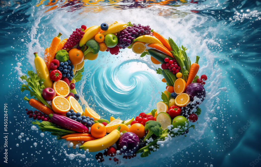 Poster vibrant fruits and vegetables arranged in a circle, submerged underwater, creating a dynamic, swirli