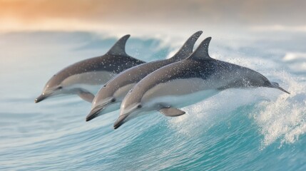 Fototapeta premium Three Dolphins Surfing Ocean Waves at Sunset