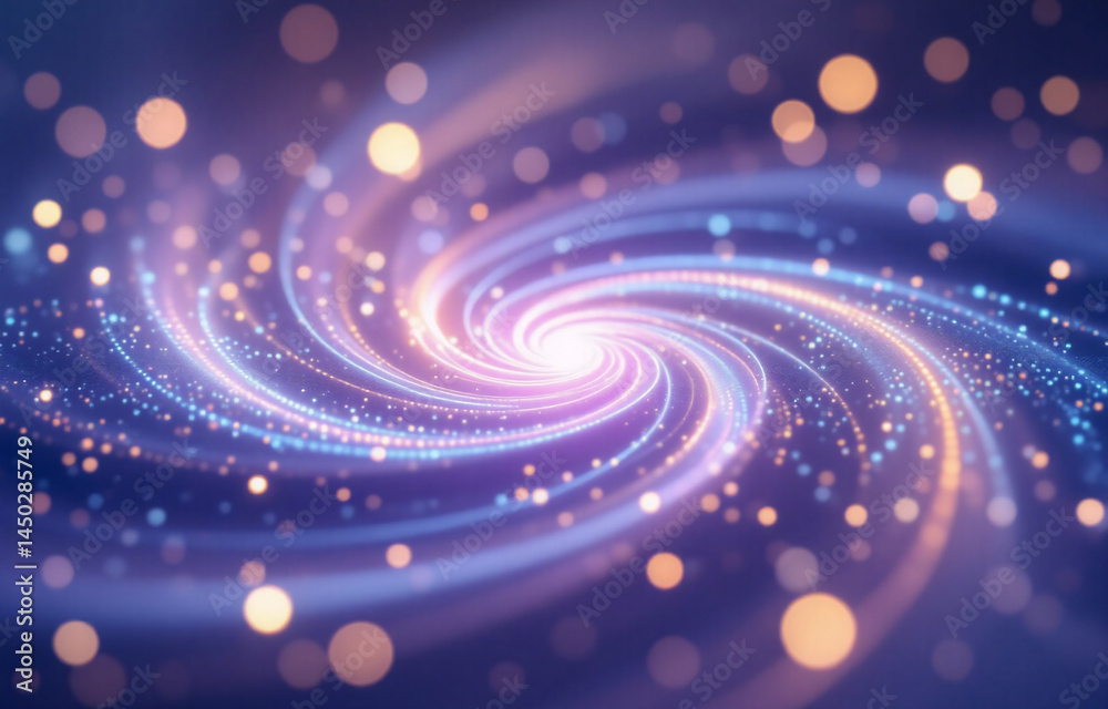 Poster A mesmerizing spiral of light and shimmering particles, swirling into a radiant core.  Colors blend from deep purple to soft peach and gold, creating a cosmic, ethereal glow.