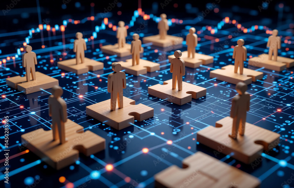 Poster wooden figures stand on puzzle pieces atop a glowing circuit board, representing interconnectedness 