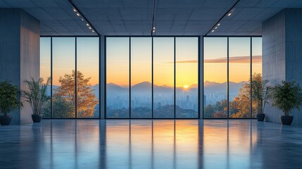 Naklejka premium Modern interior space with panoramic city views at dawn.