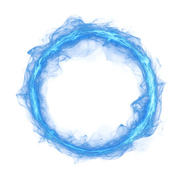 Circle of blue smoke on transparent background. smoke forms round frame. design element. ink. modern style. minimalism