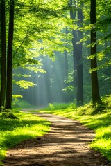 Sunlit path winds through lush green forest, dappled light filters through leaves