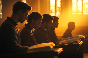Group of friends reading bible study.
