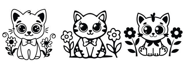 Fototapeta premium Simple line art cat with bow tie and flowers graphic element on a white background