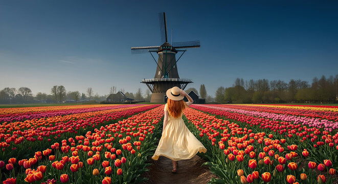 woman in a field of tulips	
