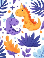 Two adorable dinosaurs in party hats amidst tropical leaves and celebratory confetti