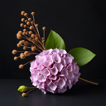 Modern still life with dry hydrangea and green tippet on a dark background