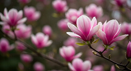 Obraz premium Delicate Pink Magnolias in Bloom Against a Blurred Background