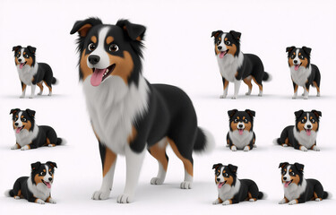 A cheerful animated tri-color dog in a bright cartoon style is featured with multiple smaller duplicates standing and sitting nearby.
