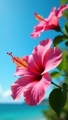 Vibrant pink hibiscus blooms against a clear blue sky , nature, summer