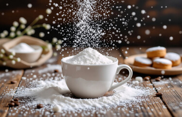 A white cup overflows with powdered sugar, more sprinkling down. Surrounding it are small cookies and spilled powder on a dark wooden surface. A hint of spring is present with delicate white flowers